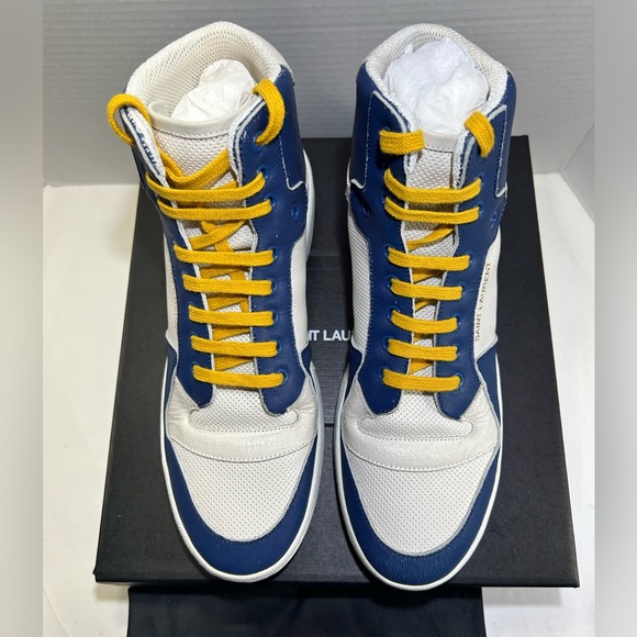NEW SAINT LAURENT YSL SL/24 LEATHER SNEAKERS MID TOP WHITE BLUE SZ 42 61… - Picture 2 of 16